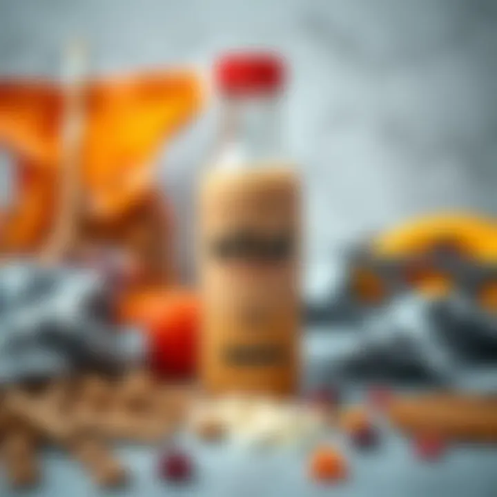 Close-up of a sports drink alongside healthy snacks